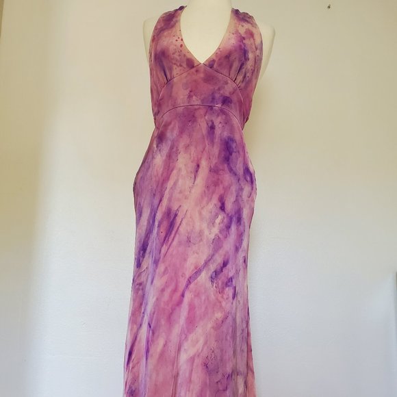 Hand Crafted Dresses & Skirts - Silk Short midi halter Dress 6 8 10 bridesmaid party tiedyed painted purple pink